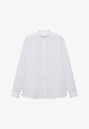 White long-sleeve shirt with a band collar, front button closure, and a straight hem. Made of lightweight fabric with a smooth texture.