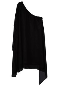 Robe noire asymétrique à une épaule, en tissu léger et fluide avec un ourlet irrégulier.