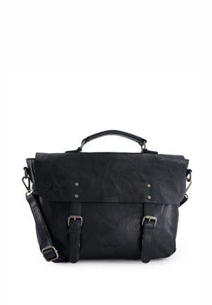 Black leather messenger bag with a flap, metal hardware, adjustable strap, and dual buckles. Features a textured surface and embossed logo.