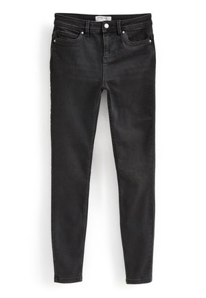 Mustad denimist skinny teksad, mis on varustatud keskmise kõrgusega vöökohaga, klassikalise viie tasku kujundusega ja õrnade tuhmumisega reie piirkonnas.