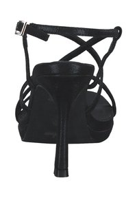 Sandali neri con tacco alto e finitura testurizzata, caratterizzati da cinturini incrociati e un sottile tacco a spillo per una silhouette elegante.