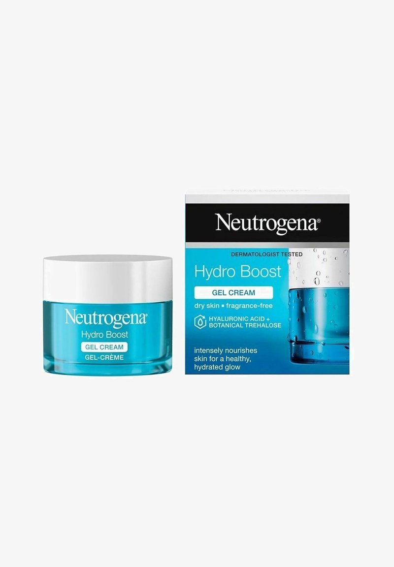 Neutrogena Hydro Boost geelikreem selges türkiissinises purgis, millel on valge kaas, koos sobiva sinise karbiga, millel on veetilga graafika.