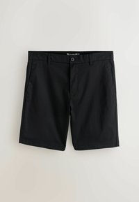 Shorts noirs sur mesure avec passants de ceinture, poches latérales, fermeture à boutons et ourlet net, présentés sur un fond clair.