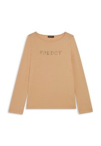 Camicia beige a maniche lunghe con la parola "FREDDY" scritta in piccole strass sul petto, colletto rotondo.