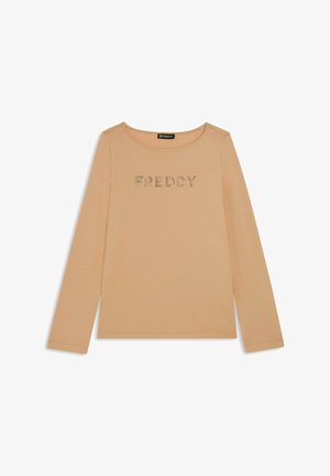Camicia beige a maniche lunghe con la parola "FREDDY" scritta in piccole strass sul petto, colletto rotondo.