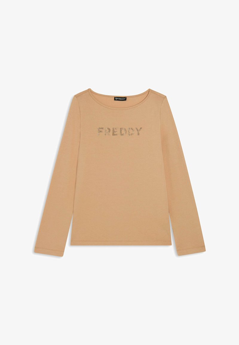Camisa de manga larga beige con "FREDDY" escrito en pequeños cristales de imitación en el pecho, cuello redondo.