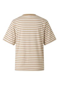 Striped t-shirt featuring horizontal beige and white stripes, short sleeves, and a crew neck design. Made from soft cotton material.