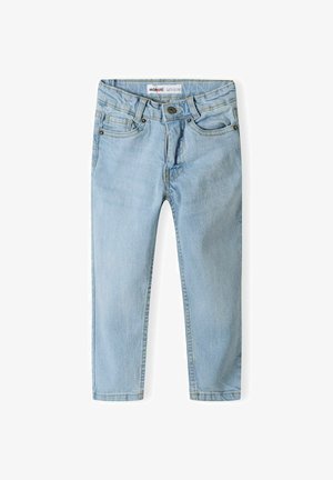 Jasnoniebieskie dżinsy o prostym kroju, z przednimi kieszeniami i klasycznym zapięciem na guzik. Posiadają delikatne przetarcia i detale przeszyć.