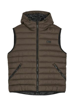 Brązowa pikowana kamizelka z kapturem, zamkiem błyskawicznym z przodu i dwoma bocznymi kieszeniami, z teksturowanym wzorem pikowania i kontrastującymi czarnymi lamówkami.