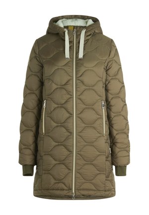 Oliwkowa kurtka puchowa o quiltowanym wzorze, z kapturem, srebrnym zamkiem błyskawicznym oraz bocznymi kieszeniami. Miękka podszewka i ściągacze przy mankietach.