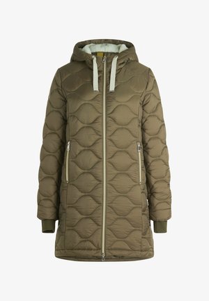 Oliwkowa kurtka puchowa o quiltowanym wzorze, z kapturem, srebrnym zamkiem błyskawicznym oraz bocznymi kieszeniami. Miękka podszewka i ściągacze przy mankietach.