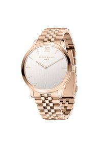 Roze gouden horloge met een metallic afwerking, ronde wijzerplaat, geborstelde zilveren dial, minimalistische uurmarkeringen en een schakelbandontwerp.