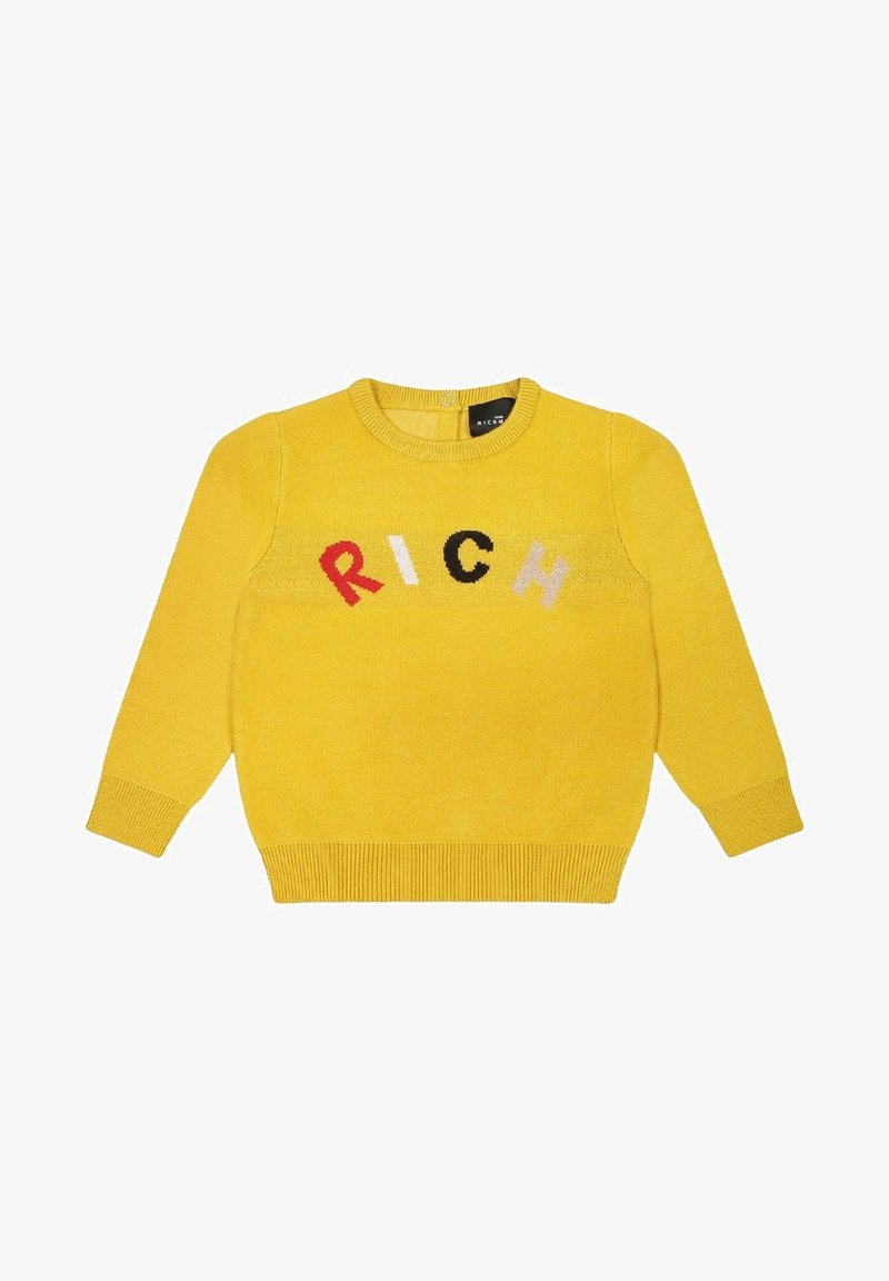 Maglione giallo con polsini e orlo a coste, con la scritta "RICH" in rosso, nero, crema e rosa. Realizzato in morbido materiale lavorato a maglia.
