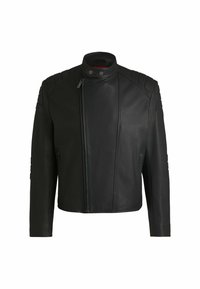 Giacca in pelle nera con colletto alto, cerniera asimmetrica, spalle imbottite e una texture liscia con vestibilità su misura.