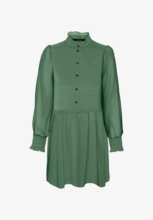 Grünes langärmliges Kleid mit rüschigem Kragen, Knopfverschluss und gerafftem Bund. Hergestellt aus leichtem Stoff mit gerafften Manschetten.