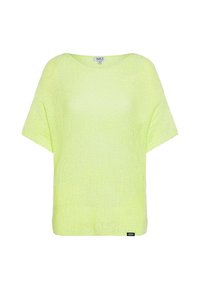 Light yellow oversized knit top with short sleeves, a wide neckline, and a subtle texture. Features a small brand label at the hem.