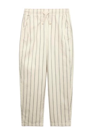 Beige bukser med lodrette sorte striber, elastisk talje med snor, sidelommer, lige ben, afslappet stil.