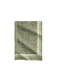 Foulard carré en vert olive avec un motif à pois blancs. Bords finis avec une bordure rayée blanche et vert clair. Texture douce et lisse.