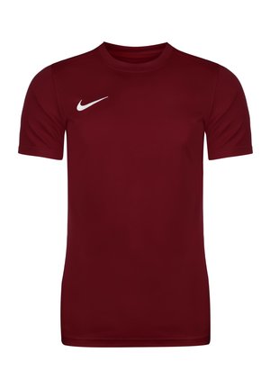 Rotes Sport-T-Shirt aus glattem Stoff. Rundhalsausschnitt, kurze Ärmel und ein weißes Nike-Logo auf der linken Brust. Einfaches Design.