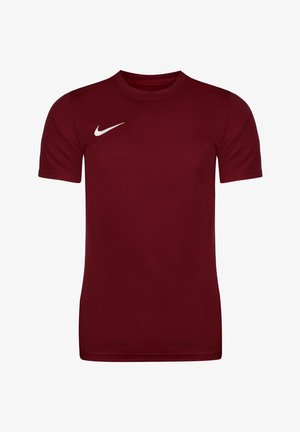 Rotes Sport-T-Shirt aus glattem Stoff. Rundhalsausschnitt, kurze Ärmel und ein weißes Nike-Logo auf der linken Brust. Einfaches Design.