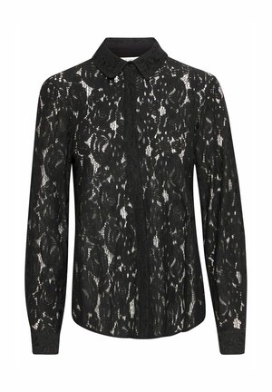 Black lace blouse with long sleeves, featuring a collared neckline, floral pattern, and front button closure. Textured lace overlay visible.