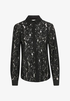 Schwarze Spitzenbluse mit langen Ärmeln, die einen Kragen hat, ein florales Muster aufweist und eine Knopfleiste vorne hat. Strukturierte Spitzenüberlagerung sichtbar.