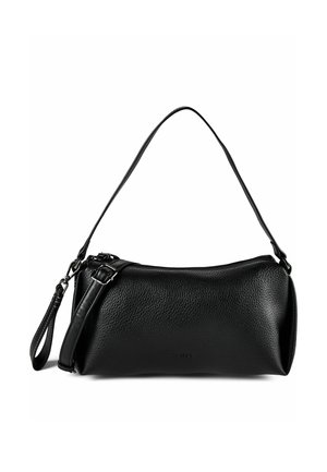 Sac à bandoulière en cuir noir texturé avec sangle réglable et bracelet, forme rectangulaire et détails en métal argenté.