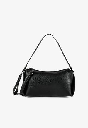 Sac à bandoulière en cuir noir texturé avec sangle réglable et bracelet, forme rectangulaire et détails en métal argenté.