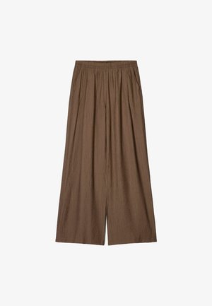 Braune weit geschnittene Hose aus strukturiertem Stoff, mit elastischem Bund und gefaltetem Design für zusätzliches Volumen.