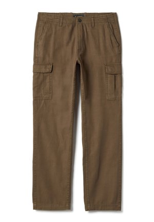 Bruine cargobroek met rechte pijpen, zijflapzakken, voorszakken, riemlussen en knoopsluiting in de taille.