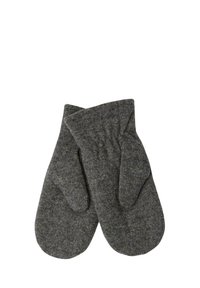 Moufles en laine gris foncé, présentant un design simple avec une texture lisse et des bouts arrondis pour chaleur et couverture.