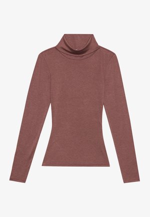 Pulover z dolgimi rokavi in turtleneck ožji silhueti v zasenčeni roza barvi, izdelan iz mehke in elastične tkanine ter z zloženim ovratnikom.