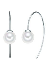 Silver earrings featuring a smooth, round white pearl suspended from a curved wire hook. Simple design with polished finish and clean lines.