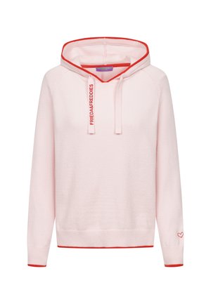Jasnoróżowa bluza z kapturem z czerwonym wykończeniem, sznurkami z nadrukiem "FRIEDA&FREDDIES" oraz małą czerwoną haftowaną serduszkiem na mankiecie lewego rękawa.