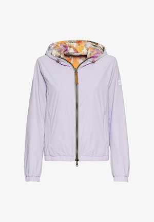 Heller lila Windbreaker mit Reißverschluss, elastischen Bündchen und einer bunten, gemusterten Innenseite der Kapuze. Besitzt ein dezentes Logo auf dem Ärmel.
