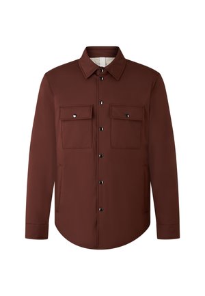 Brun skjorte med knapper lavet af glat stof, med to brystlommer med klapper, sorte knapper og en krave; lige snit.