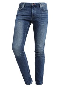 Modré džíny z denimu s úzkým střihem, s jemným vyblednutím, klasickým pětiprstovým designem a zipovým zavíráním na knoflík.