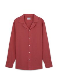 Langarmhemd mit Kragen in gedämpftem Bordeauxrot. Hergestellt aus leichtem Stoff mit einer Knopfleiste und entspanntem Schnitt. Glatte Textur.