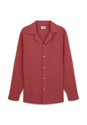 Langarmhemd mit Kragen in gedämpftem Bordeauxrot. Hergestellt aus leichtem Stoff mit einer Knopfleiste und entspanntem Schnitt. Glatte Textur.
