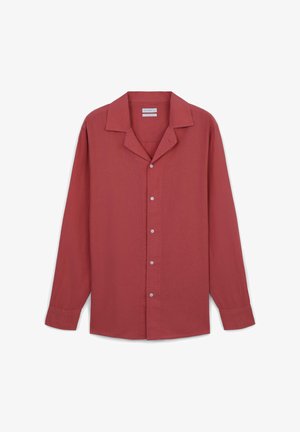 Langarmhemd mit Kragen in gedämpftem Bordeauxrot. Hergestellt aus leichtem Stoff mit einer Knopfleiste und entspanntem Schnitt. Glatte Textur.