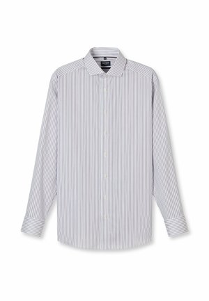 Weißes langärmeliges Hemd mit feinen vertikalen Streifen in Rot und Blau, Knopfleiste vorne, klassischem Kragen und geknöpften Manschetten.