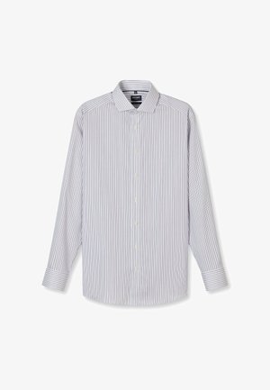 Weißes langärmeliges Hemd mit feinen vertikalen Streifen in Rot und Blau, Knopfleiste vorne, klassischem Kragen und geknöpften Manschetten.