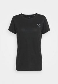 Camiseta negra de manga corta hecha de tejido texturizado, con un logo blanco en el pecho y un cuello redondo con detalles de marca.