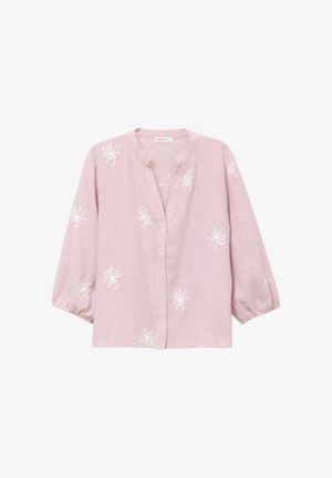 Roze-wit gestreepte blouse met lange mouwen, witte bloemenborduursels, knoopsluiting aan de voorkant en gerimpelde manchetten.