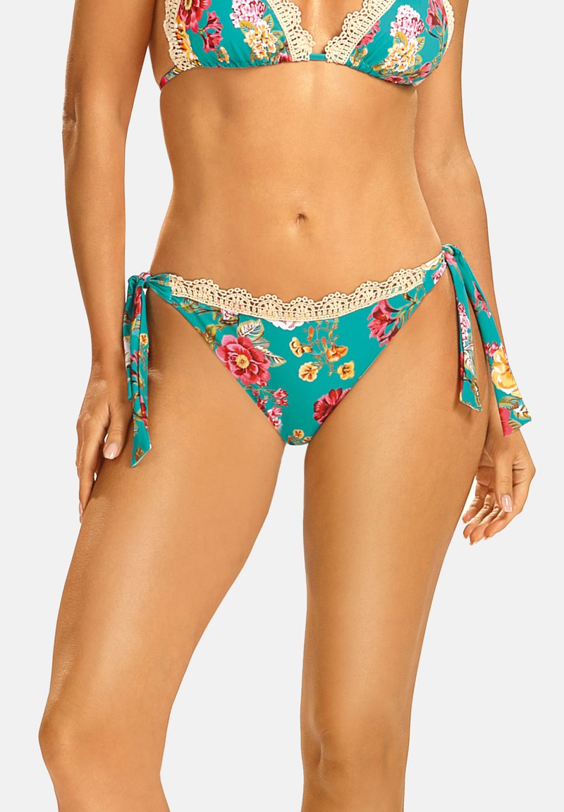 Bikini w kolorze turkusowym z floralnym wzorem, koronkowym wykończeniem i regulowanymi bokami do zawiązania. Miękka tkanina o gładkiej fakturze.
