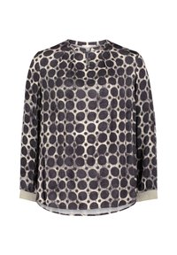 Long-sleeve blouse featuring a round neck, black and grey polka dot pattern on a light background, with subtle grey trim at the cuffs.