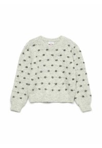 Hellgrauer Pullover mit einer weichen, strukturierten Oberfläche, verziert mit schwarzen Punktmustern und einem gerippten Saum. Klassischer Rundhalsausschnitt und lange Ärmel.