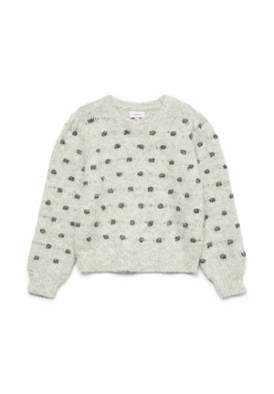 Hellgrauer Pullover mit einer weichen, strukturierten Oberfläche, verziert mit schwarzen Punktmustern und einem gerippten Saum. Klassischer Rundhalsausschnitt und lange Ärmel.