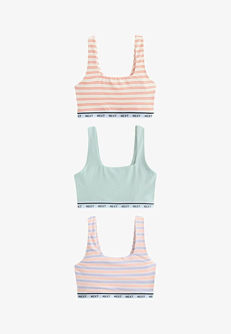 Három női crop top széles pántokkal és rugalmas NEXT márkájú szalaggal; kettő pasztell színű vízszintes csíkokkal, egy egyszínű világos zöld.