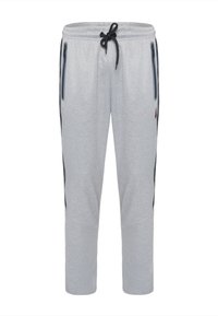 Pantalones de chándal grises hechos de una tela suave, con dos bolsillos con cremallera, una cintura ajustable con cordón y acentos laterales negros.